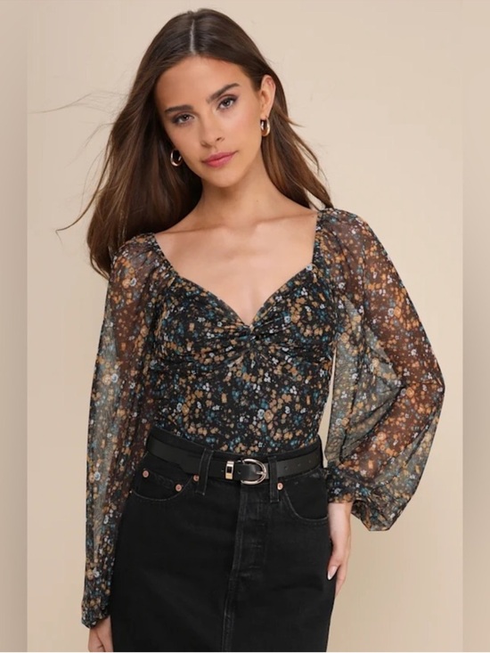 Lulus Tops - Lulus Black Floral Twist Front Sheer Sleeve Bodysuit Size Large